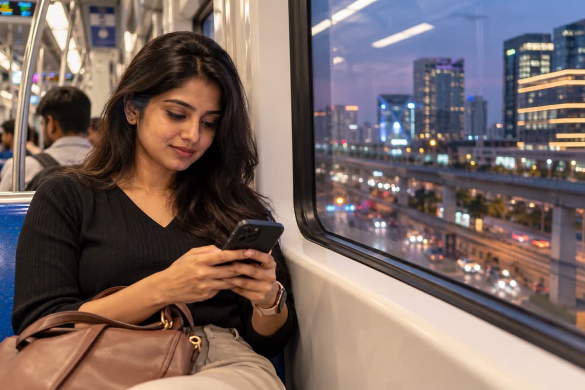A young woman checking her phone on a metro train at dusk, city towers visible through the window