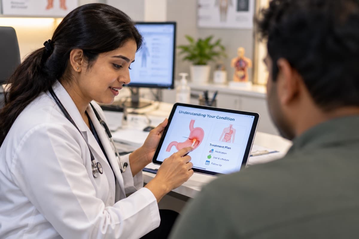 A doctor showing a patient a treatment plan on a tablet in a clinic