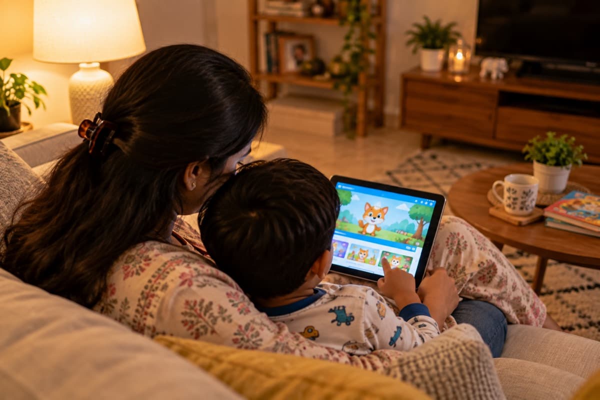 A mother and child on a sofa at home looking at a children's app on a tablet
