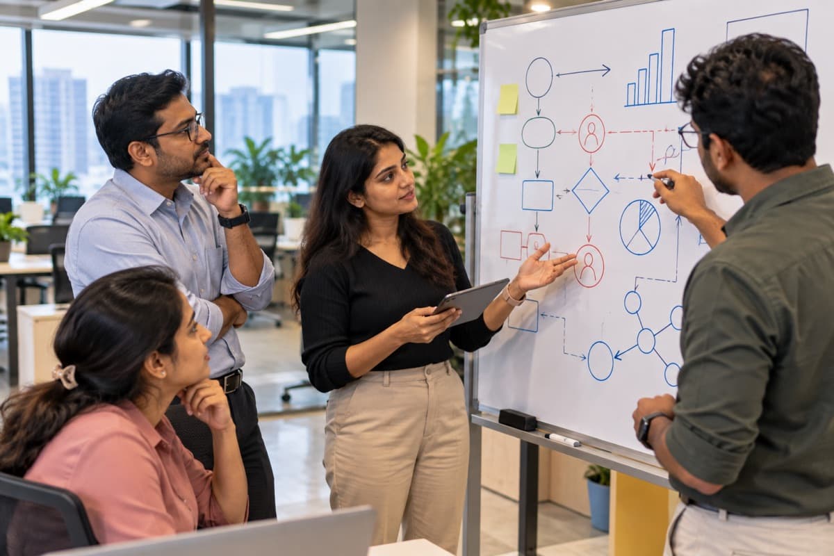 Four colleagues discussing a process diagram on a whiteboard in a modern office